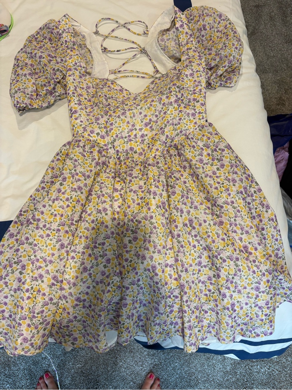 REVOLVE Lavender & Yellow Floral Puff-Sleeve Mini Dress
